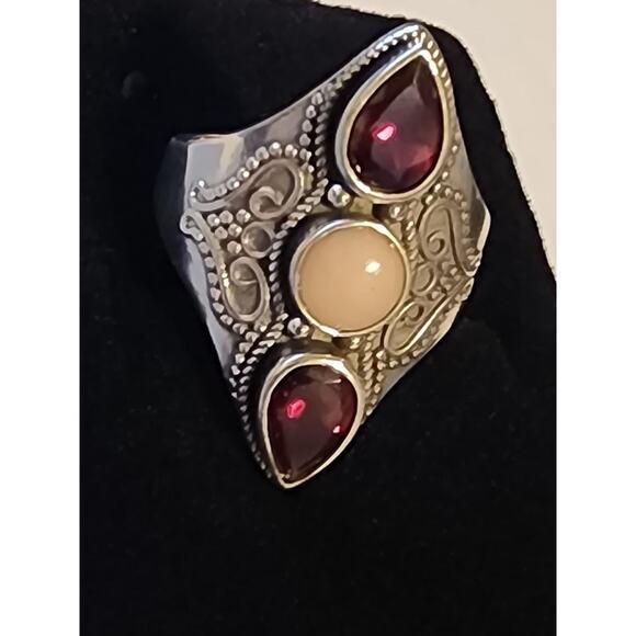 6mm Round Pink Opal with 1.75ctw Raspberry Rhodolite Sterling Silver Ring - Picture 2 of 5
